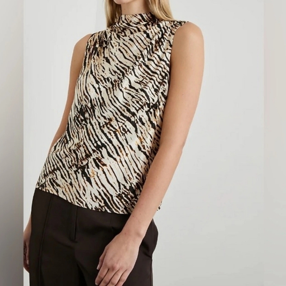 Rails Kaleen Mockneck Sleeveless Satin Draped Sleeveless Top in Neutral Ikat, L
